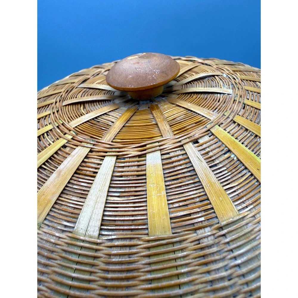 Vintage Wicker Ice Bucket Bird Bamboo Rattan Insulated MCM Tiki Barware 7.5in